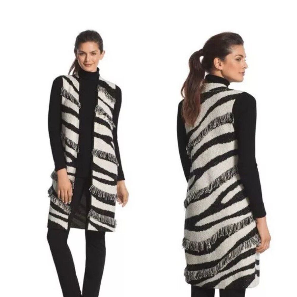 Chicos Sz 2 Womens Sz L Ivory Black Zebra Fringe Anne Open Cardigan Vest Sweater